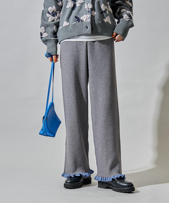 拼色下襬荷葉邊針織休閒褲