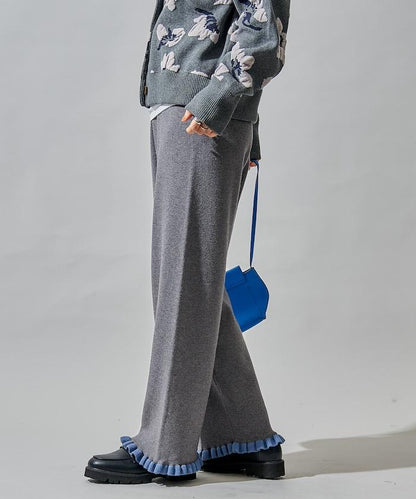 拼色下襬荷葉邊針織休閒褲