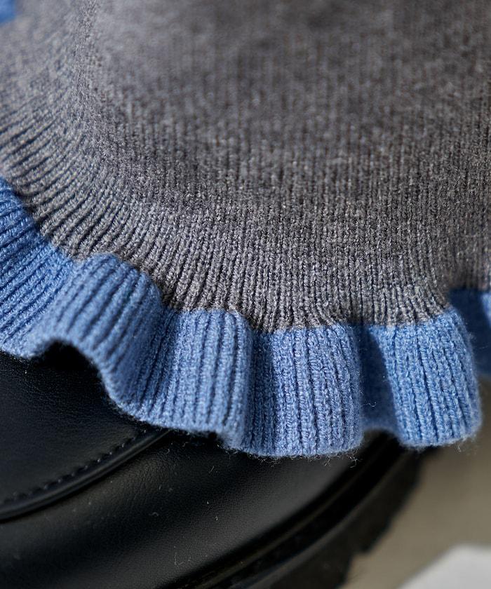 拼色下襬荷葉邊針織休閒褲