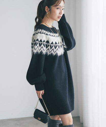 費爾島一字肩針織連衣裙