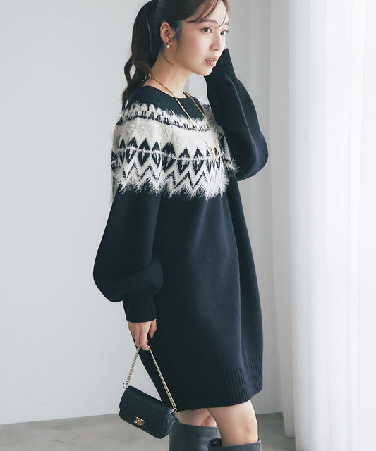 費爾島一字肩針織連衣裙