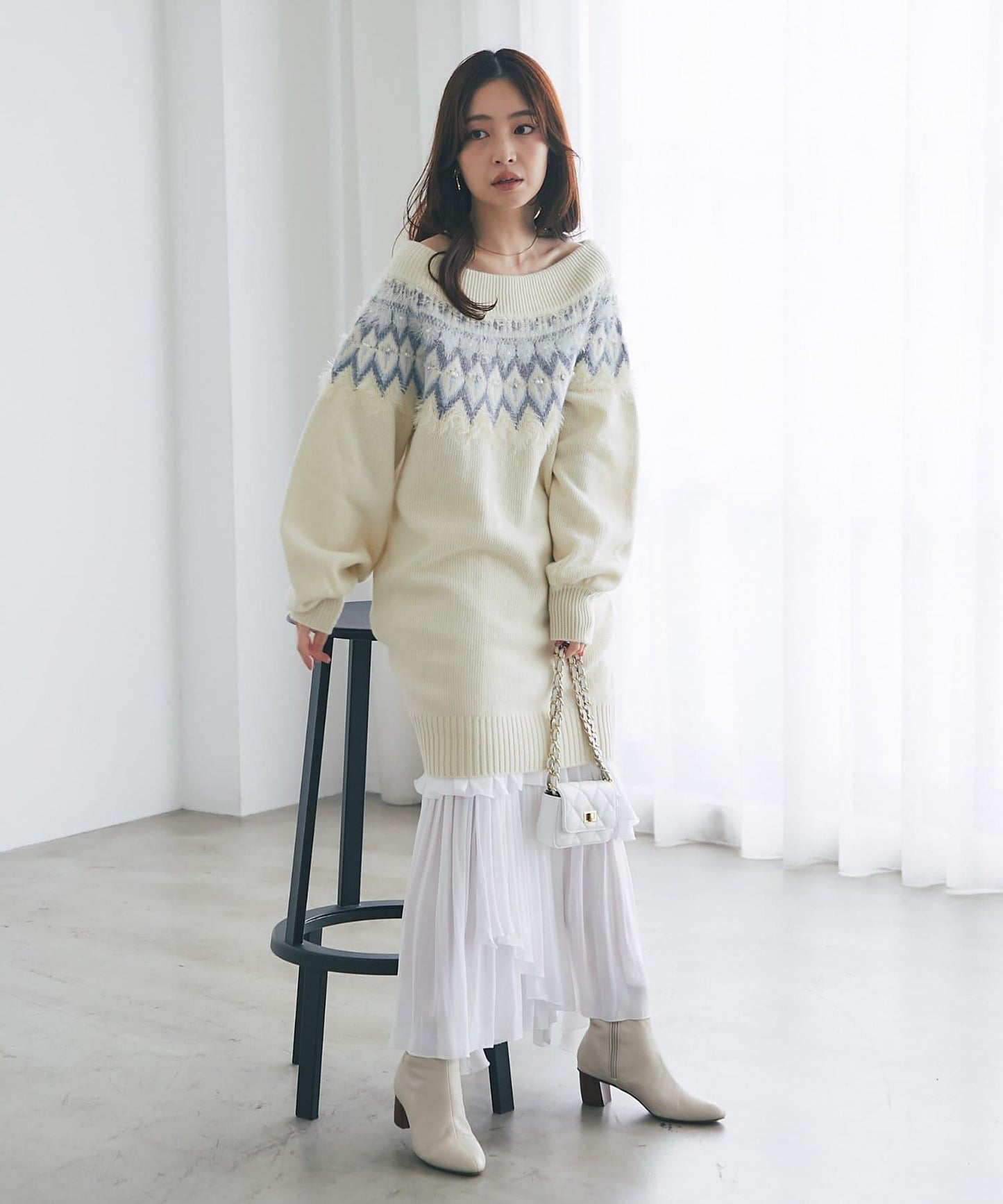 費爾島一字肩針織連衣裙