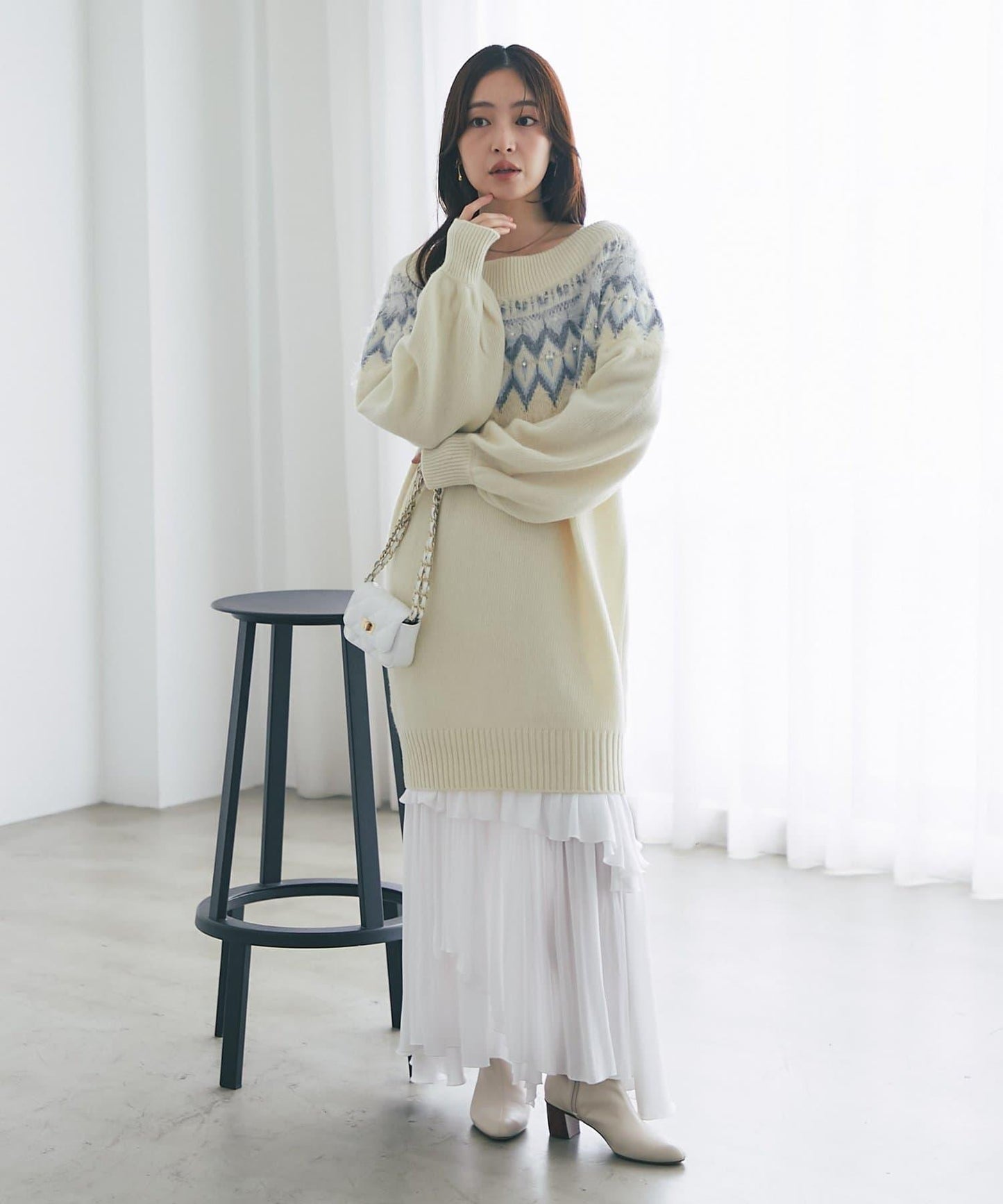 費爾島一字肩針織連衣裙