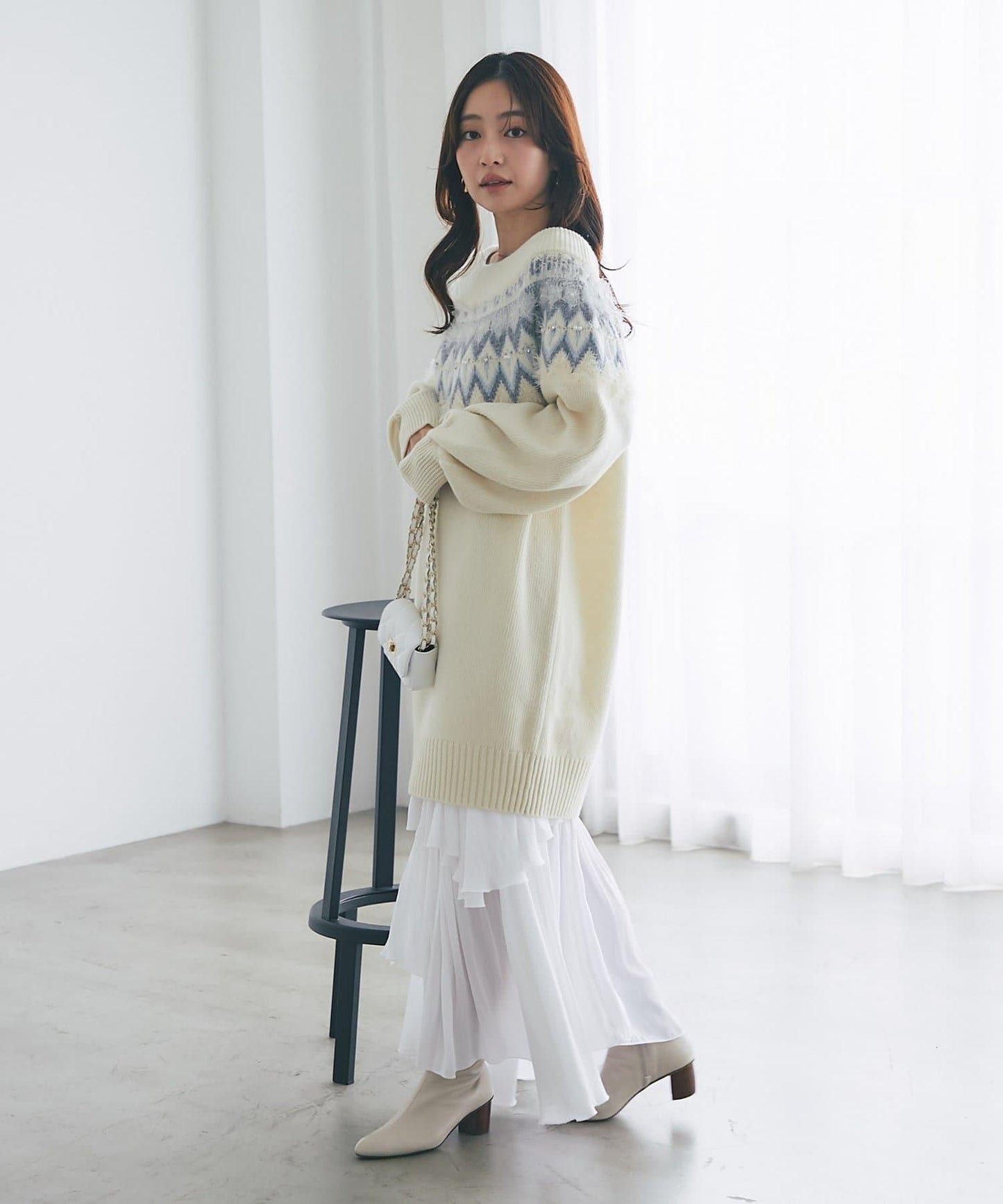 費爾島一字肩針織連衣裙