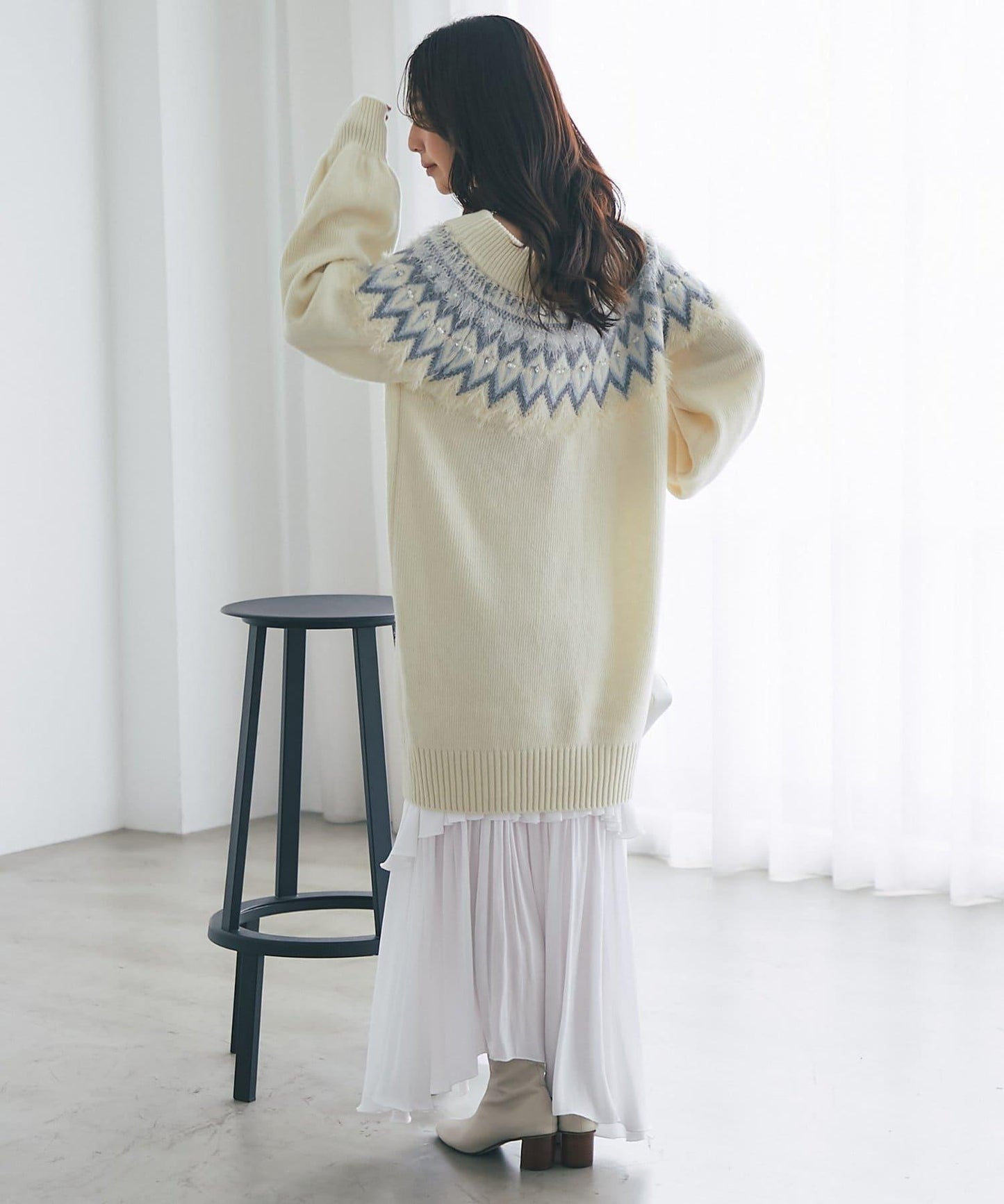 費爾島一字肩針織連衣裙