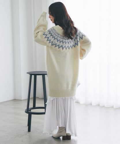 費爾島一字肩針織連衣裙