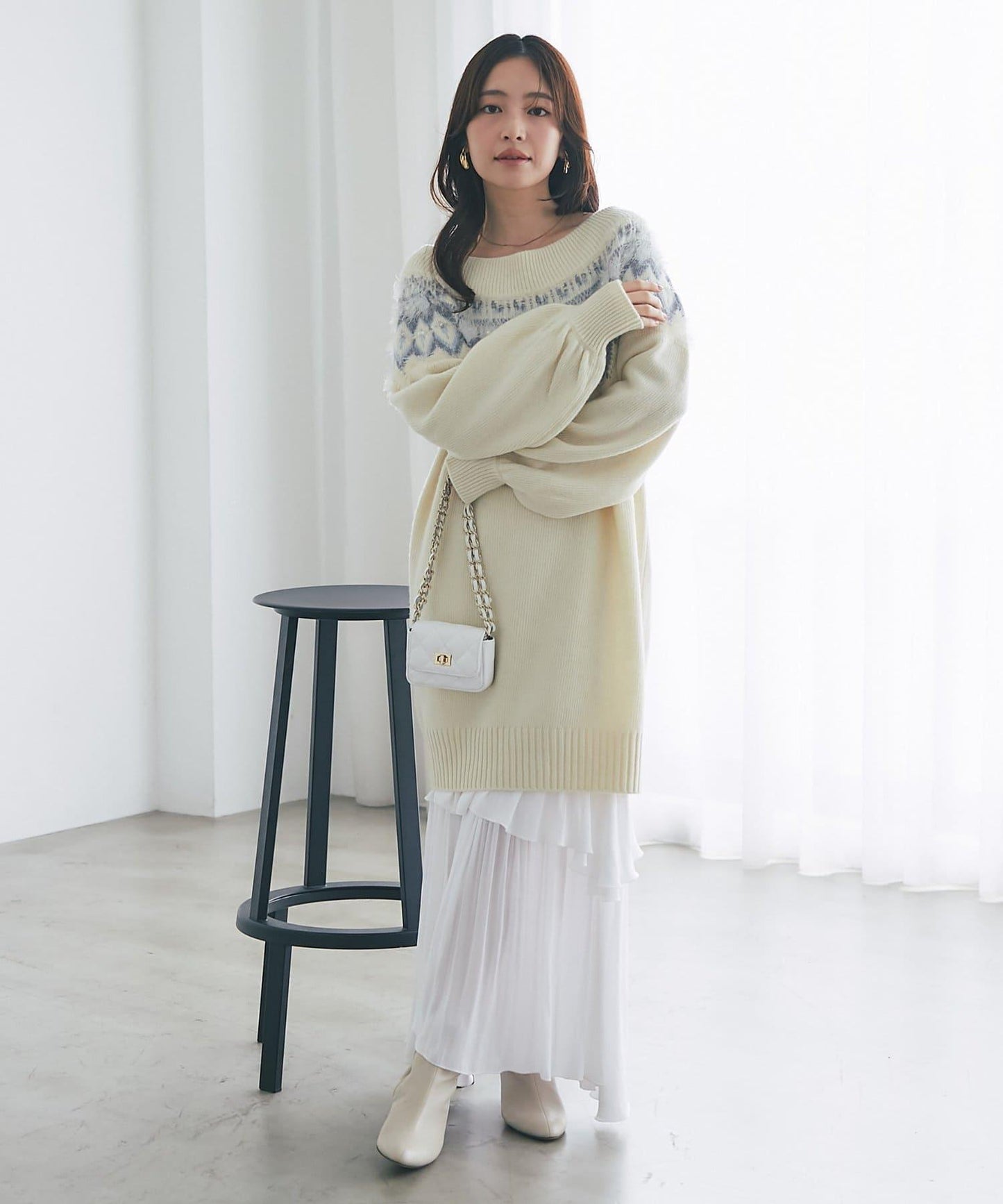 費爾島一字肩針織連衣裙