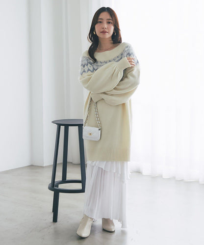 費爾島一字肩針織連衣裙