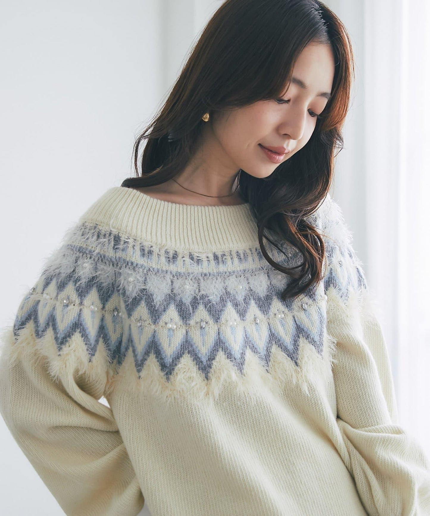 費爾島一字肩針織連衣裙