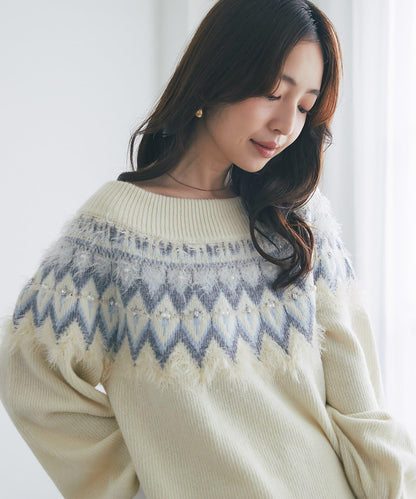 費爾島一字肩針織連衣裙