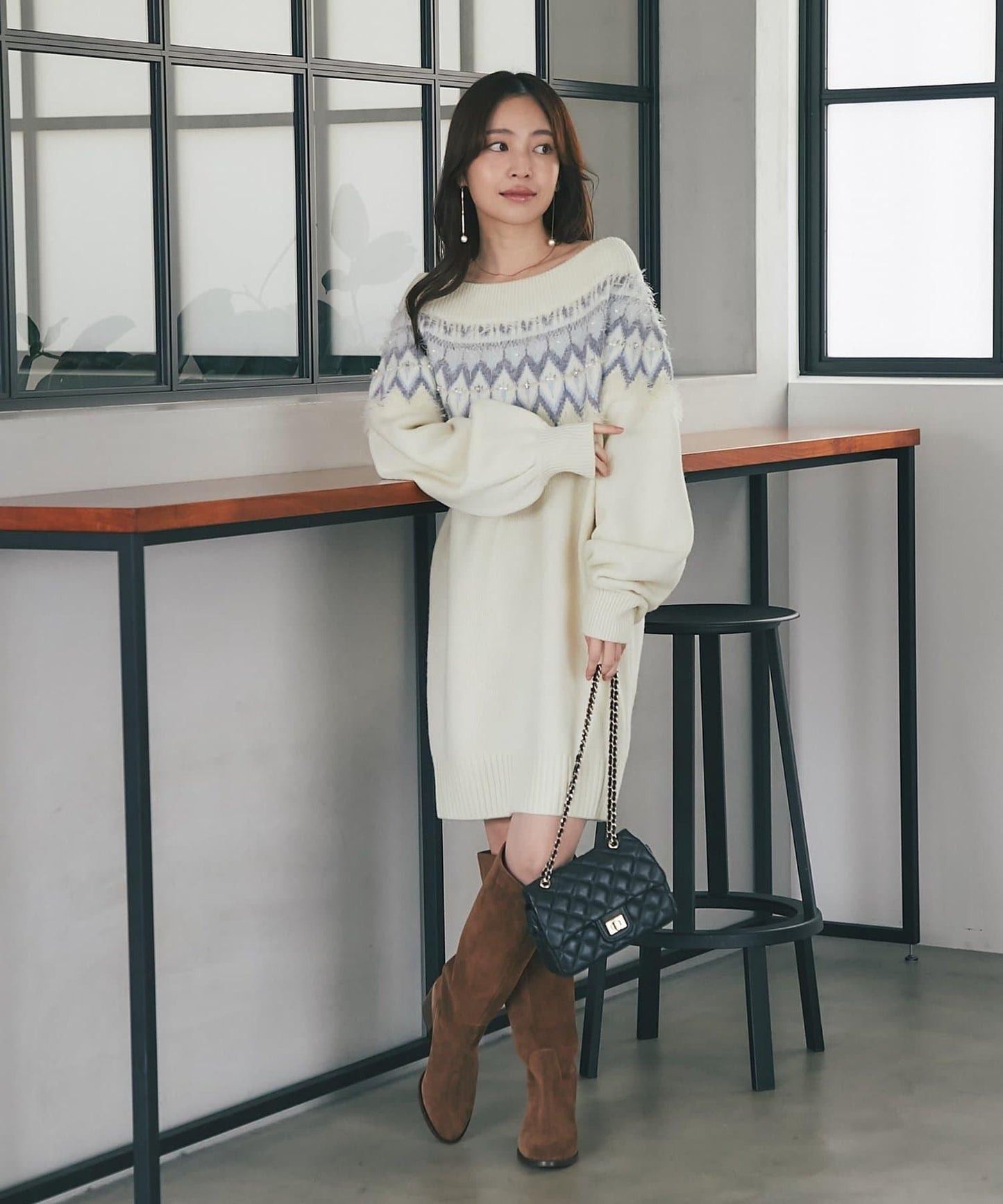 費爾島一字肩針織連衣裙