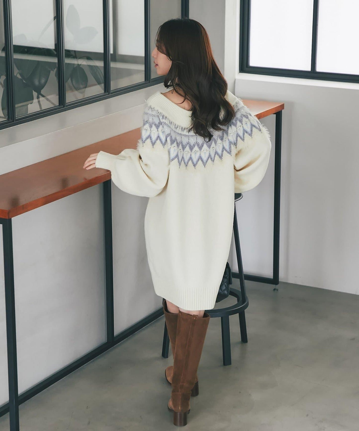 費爾島一字肩針織連衣裙