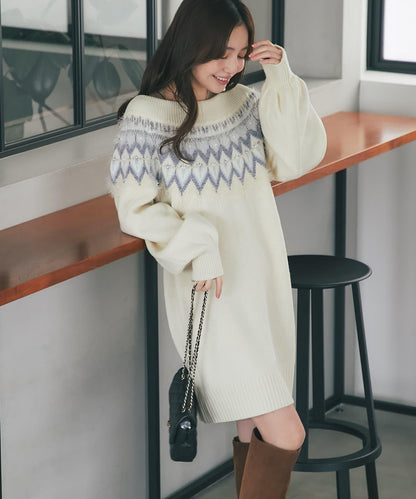 費爾島一字肩針織連衣裙