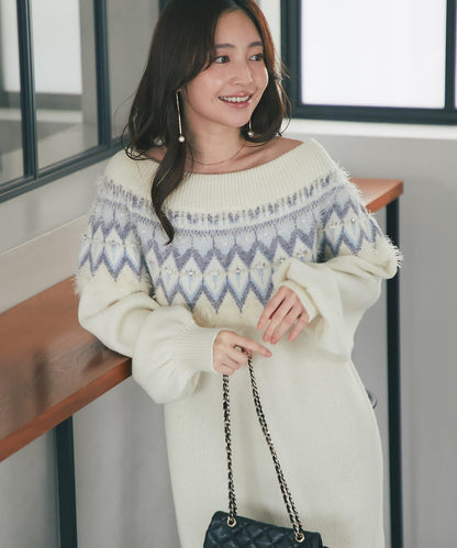 費爾島一字肩針織連衣裙