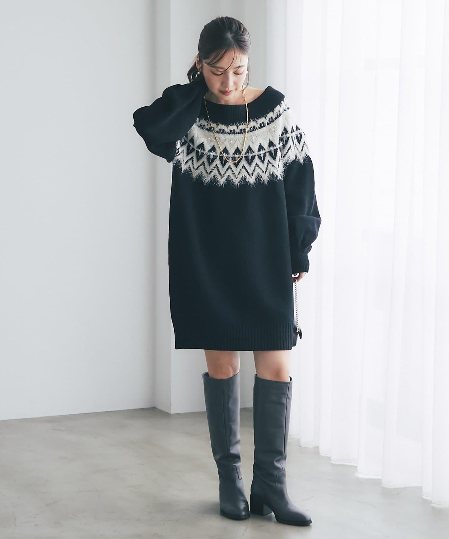 費爾島一字肩針織連衣裙