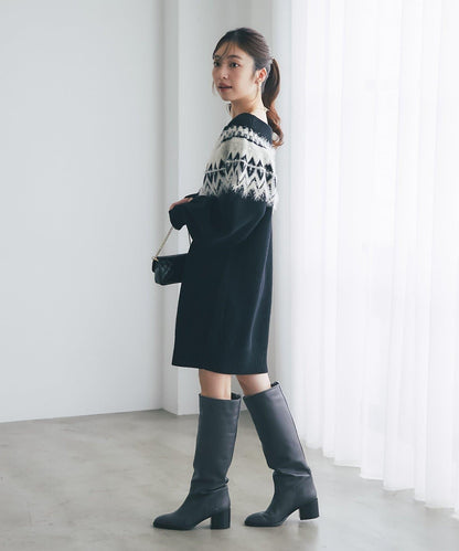 費爾島一字肩針織連衣裙