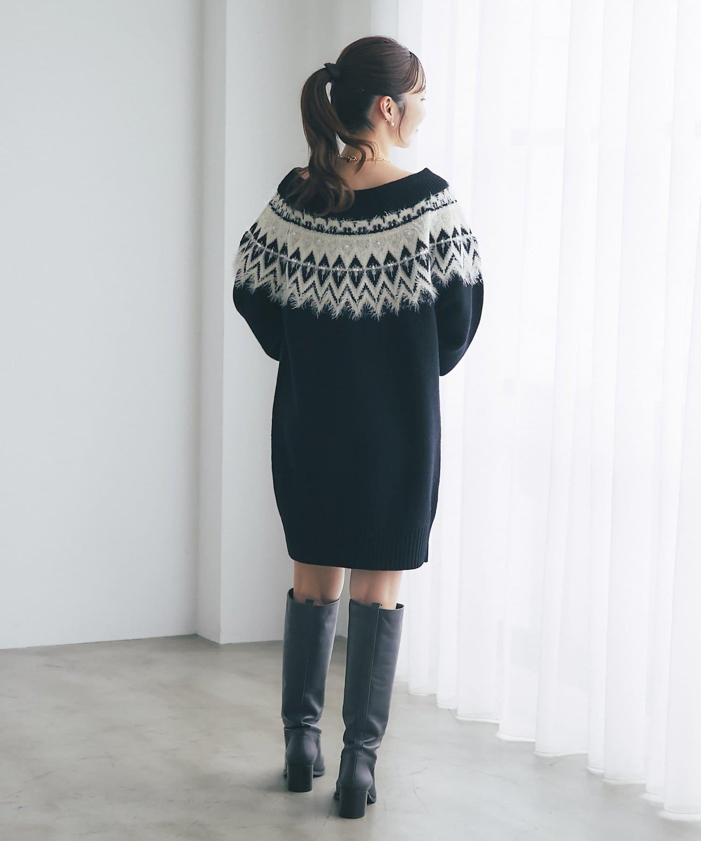 費爾島一字肩針織連衣裙