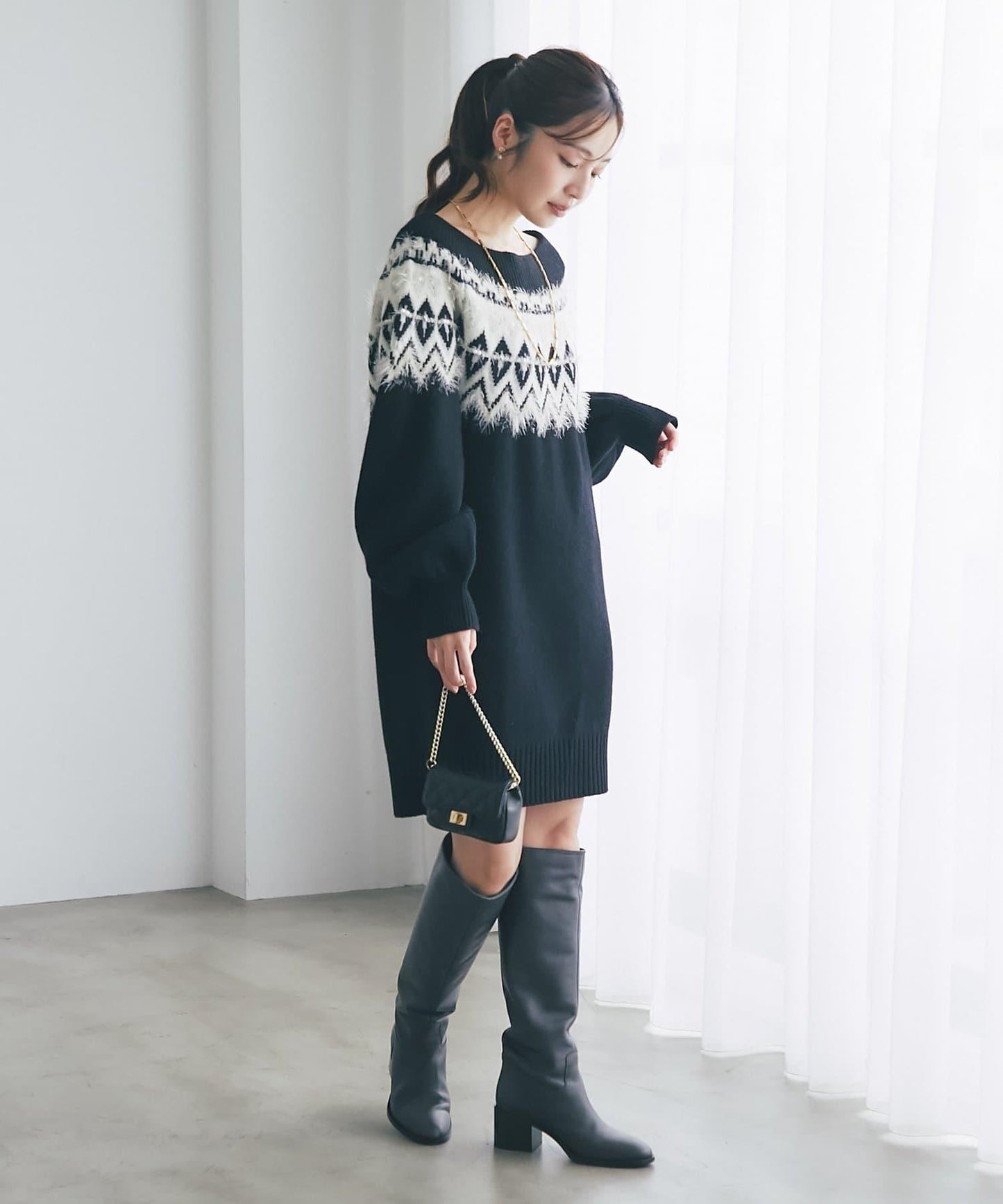 費爾島一字肩針織連衣裙