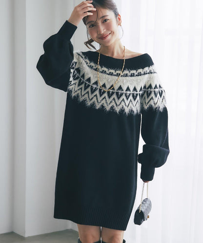 費爾島一字肩針織連衣裙