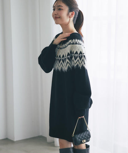 費爾島一字肩針織連衣裙