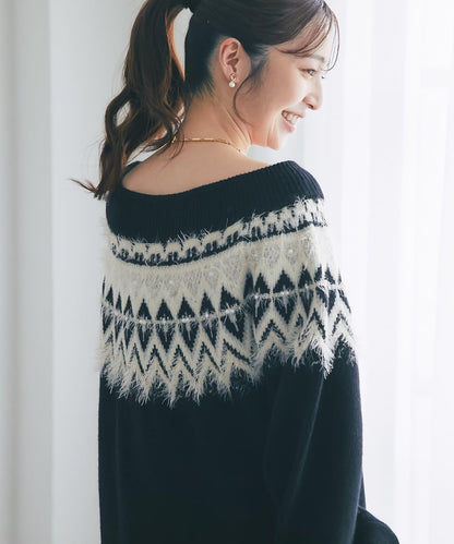 費爾島一字肩針織連衣裙