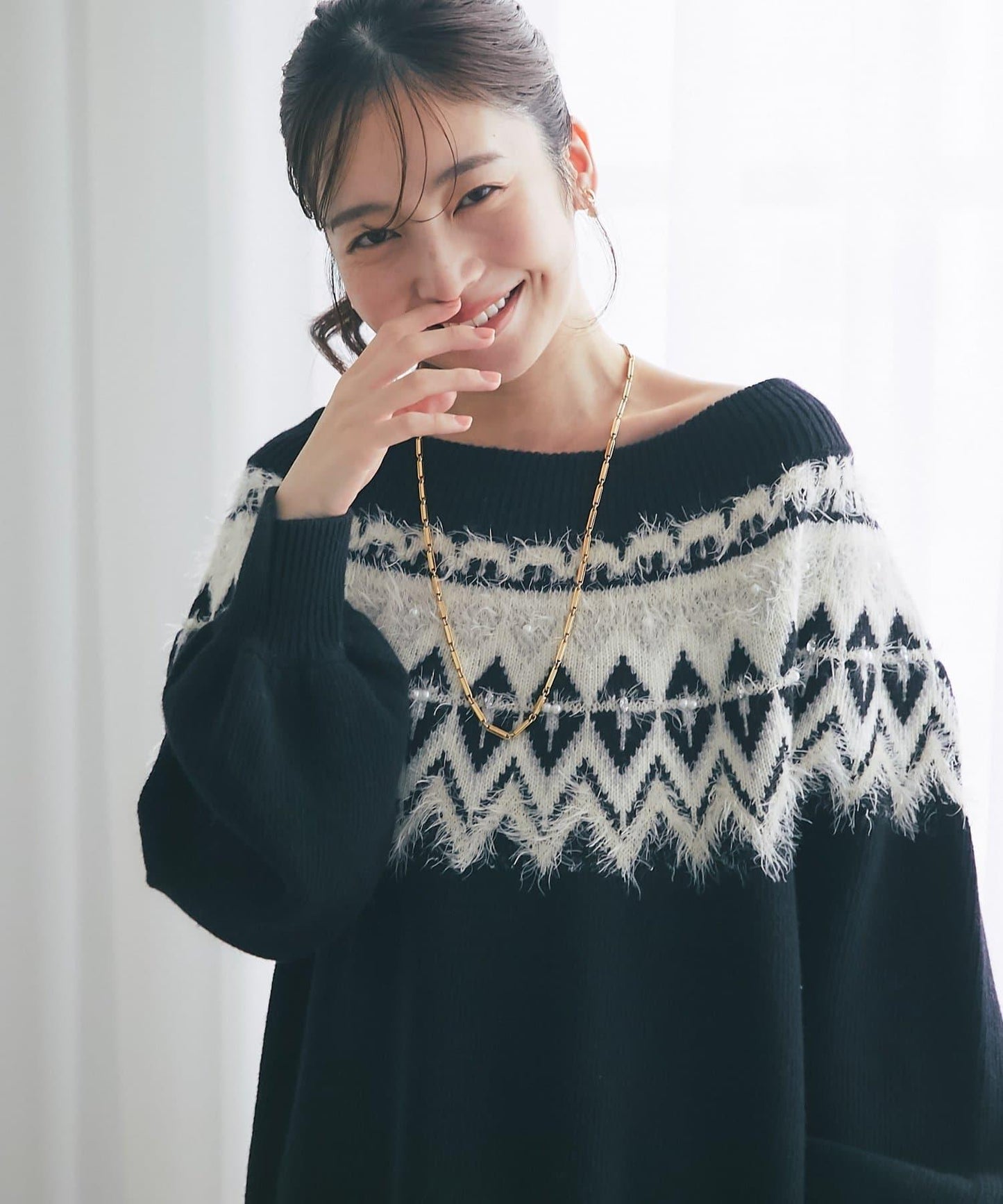 費爾島一字肩針織連衣裙