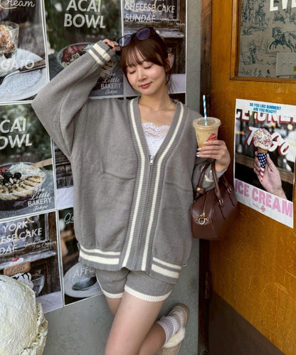 【套裝】拉鍊開衫&針織長褲套裝