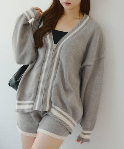 【套裝】拉鍊開衫&針織長褲套裝