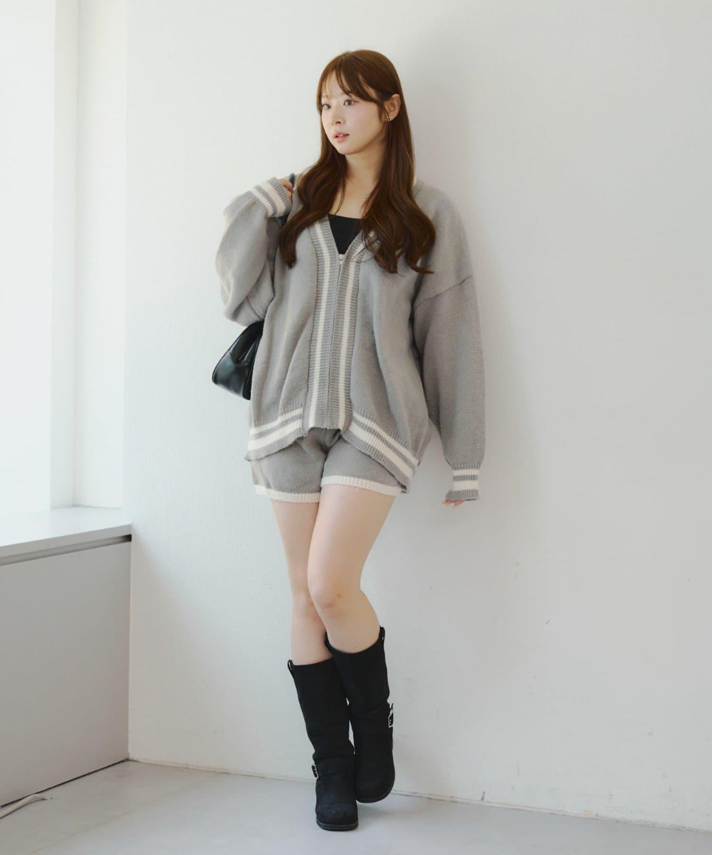 【套裝】拉鍊開衫&針織長褲套裝