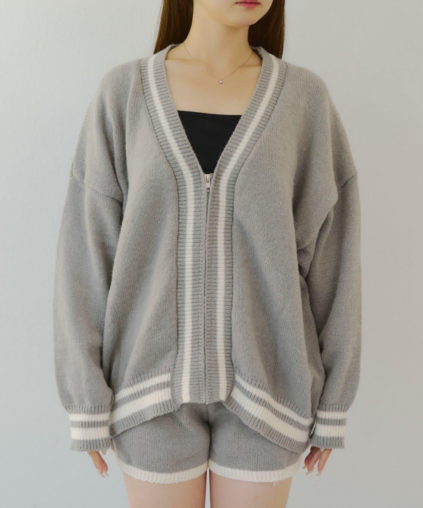 【套裝】拉鍊開衫&針織長褲套裝