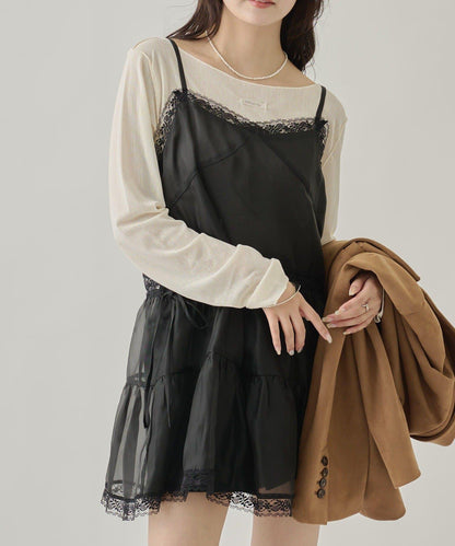 透視蕾絲吊帶長款上衣
