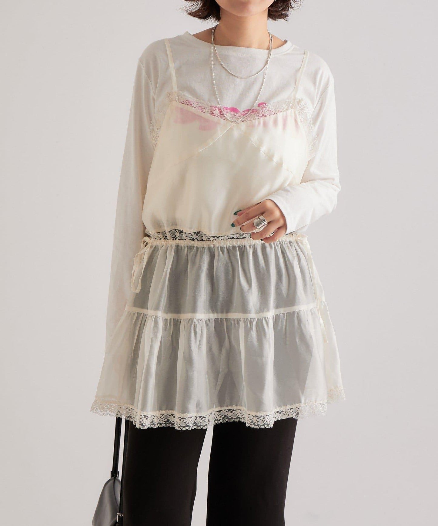 透視蕾絲吊帶長款上衣