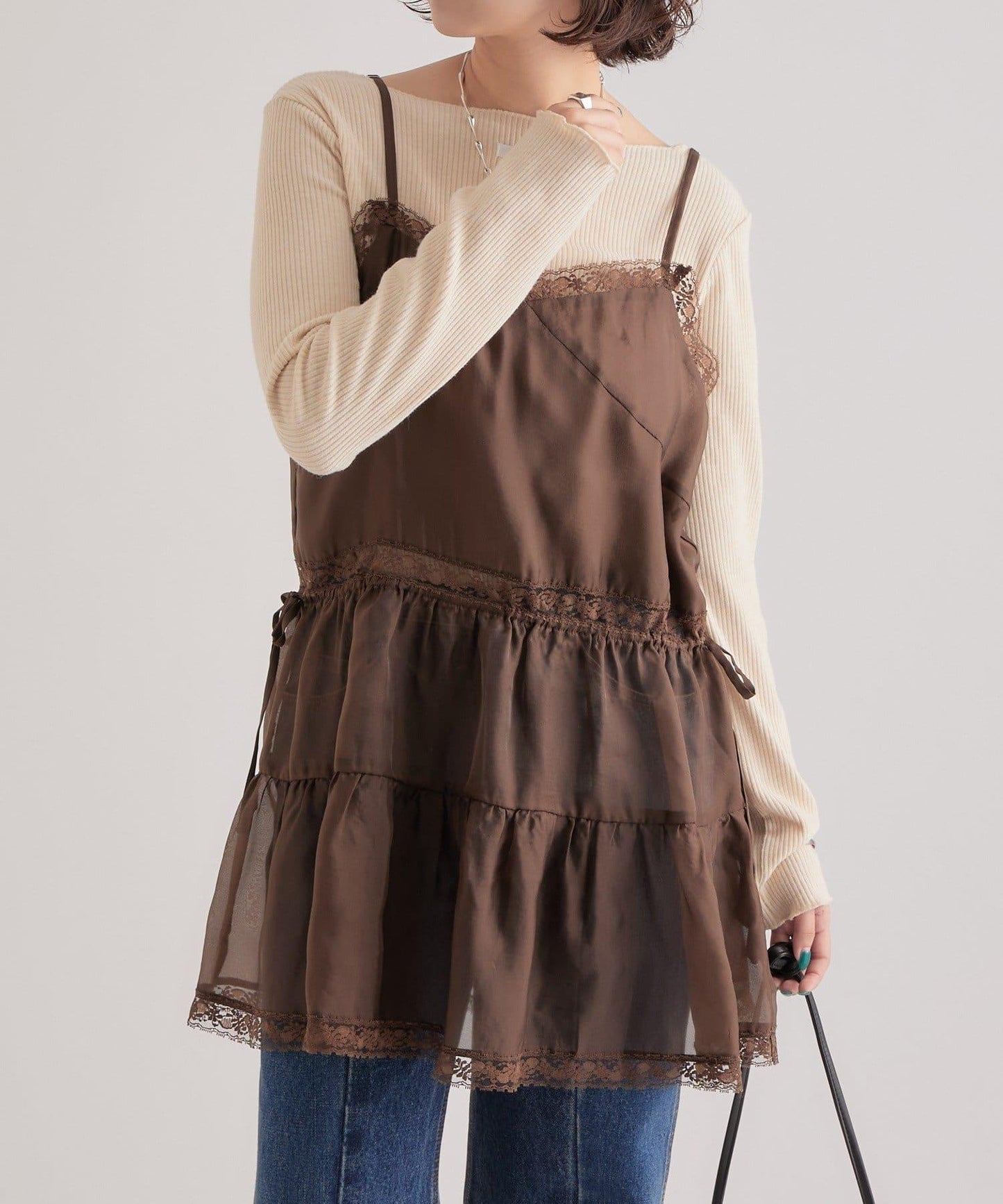 透視蕾絲吊帶長款上衣