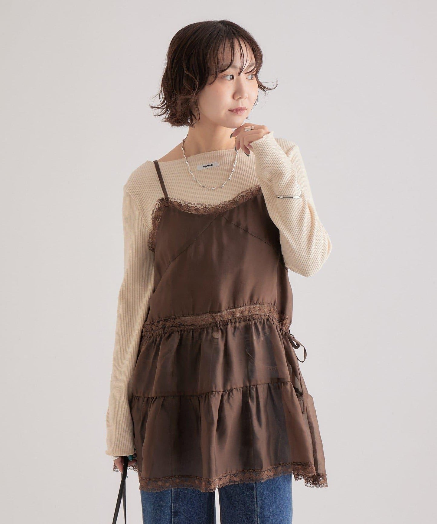 透視蕾絲吊帶長款上衣