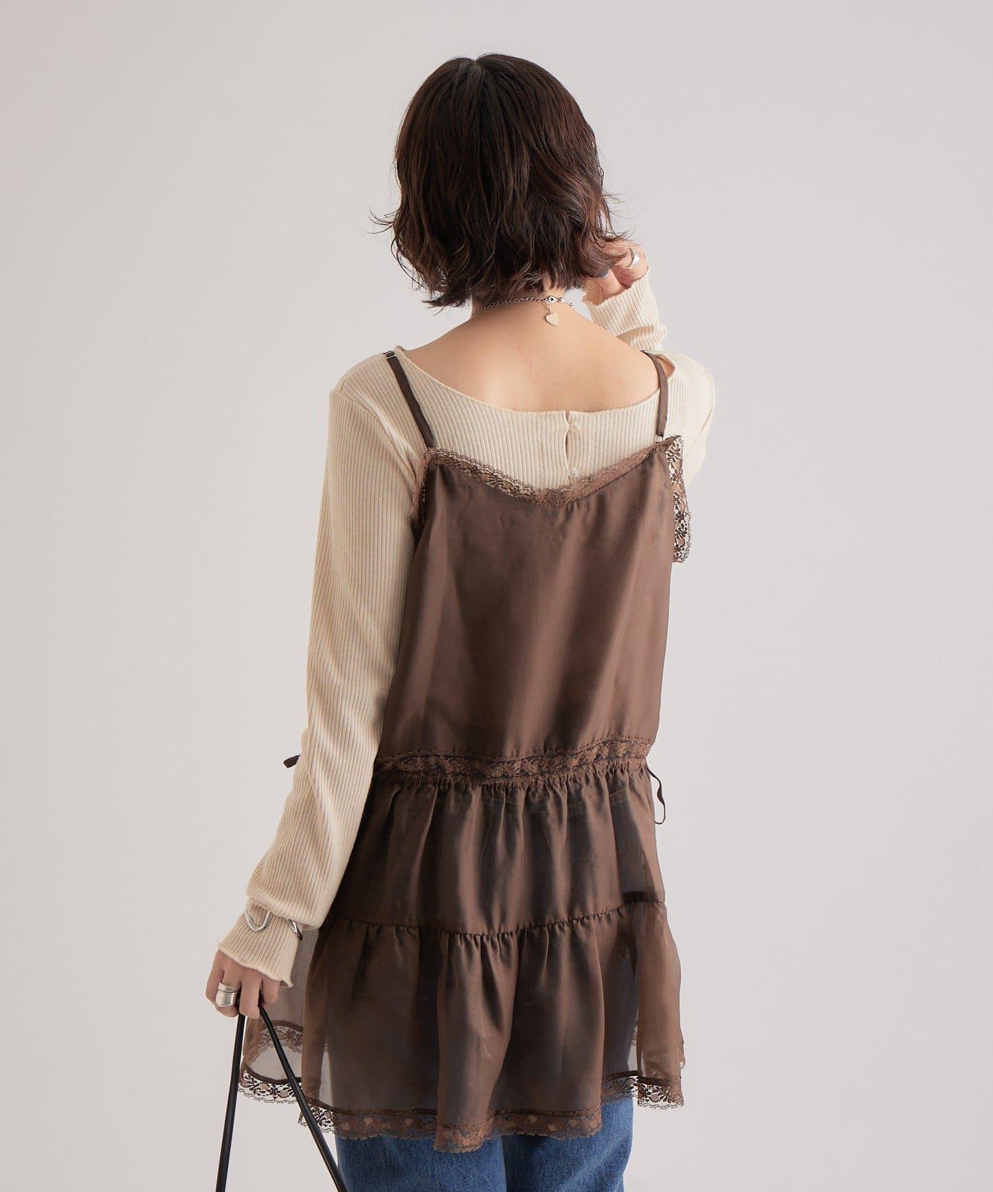 透視蕾絲吊帶長款上衣