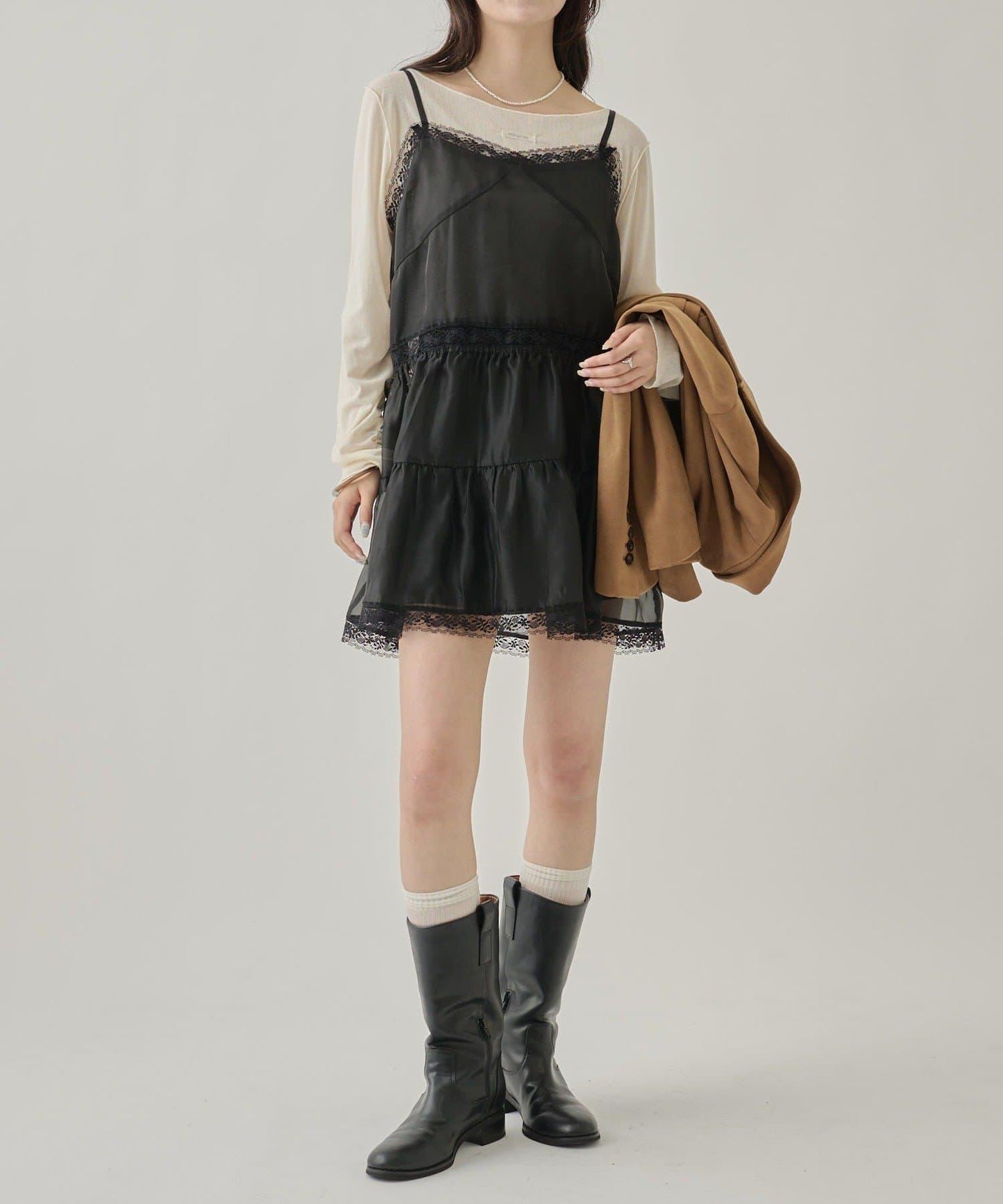 透視蕾絲吊帶長款上衣