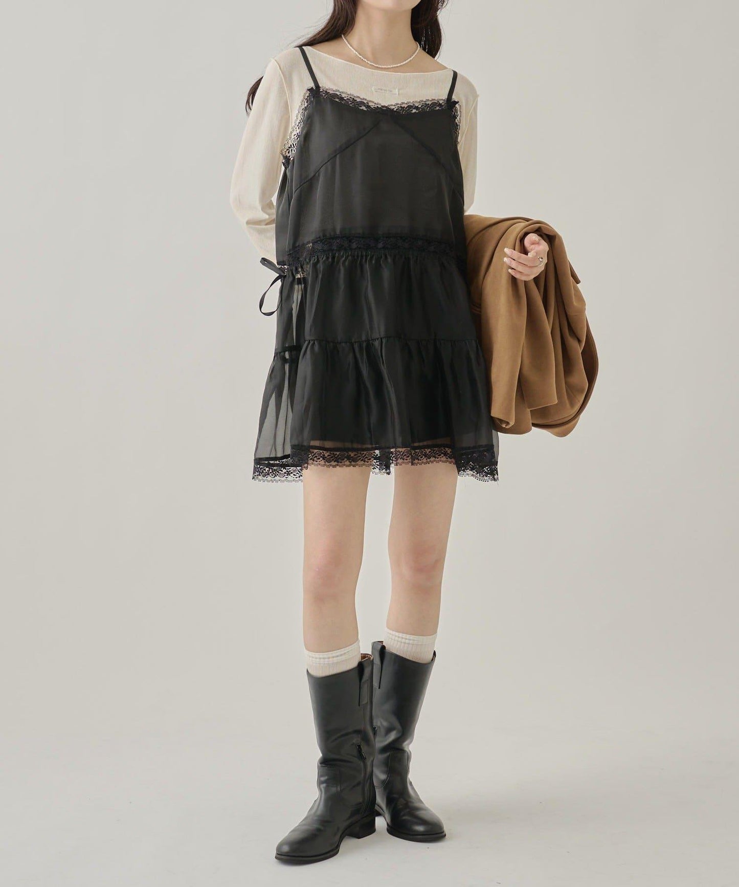 透視蕾絲吊帶長款上衣