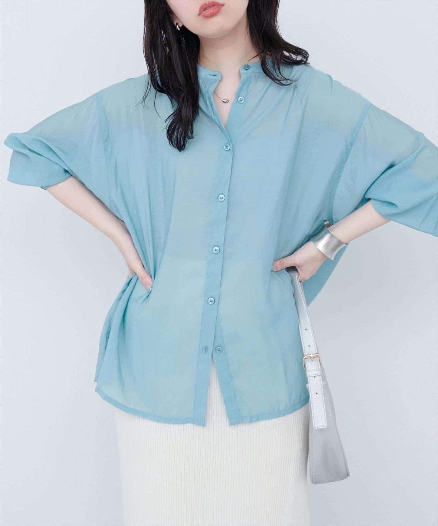 【natural couture】立領側開衩透視襯衫