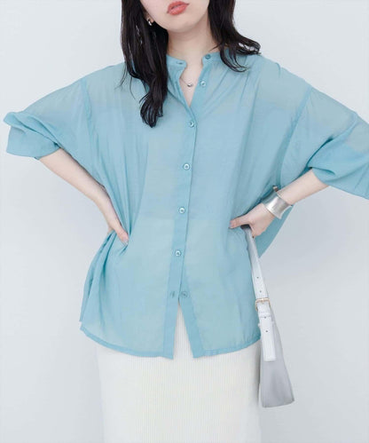 【natural couture】立領側開衩透視襯衫