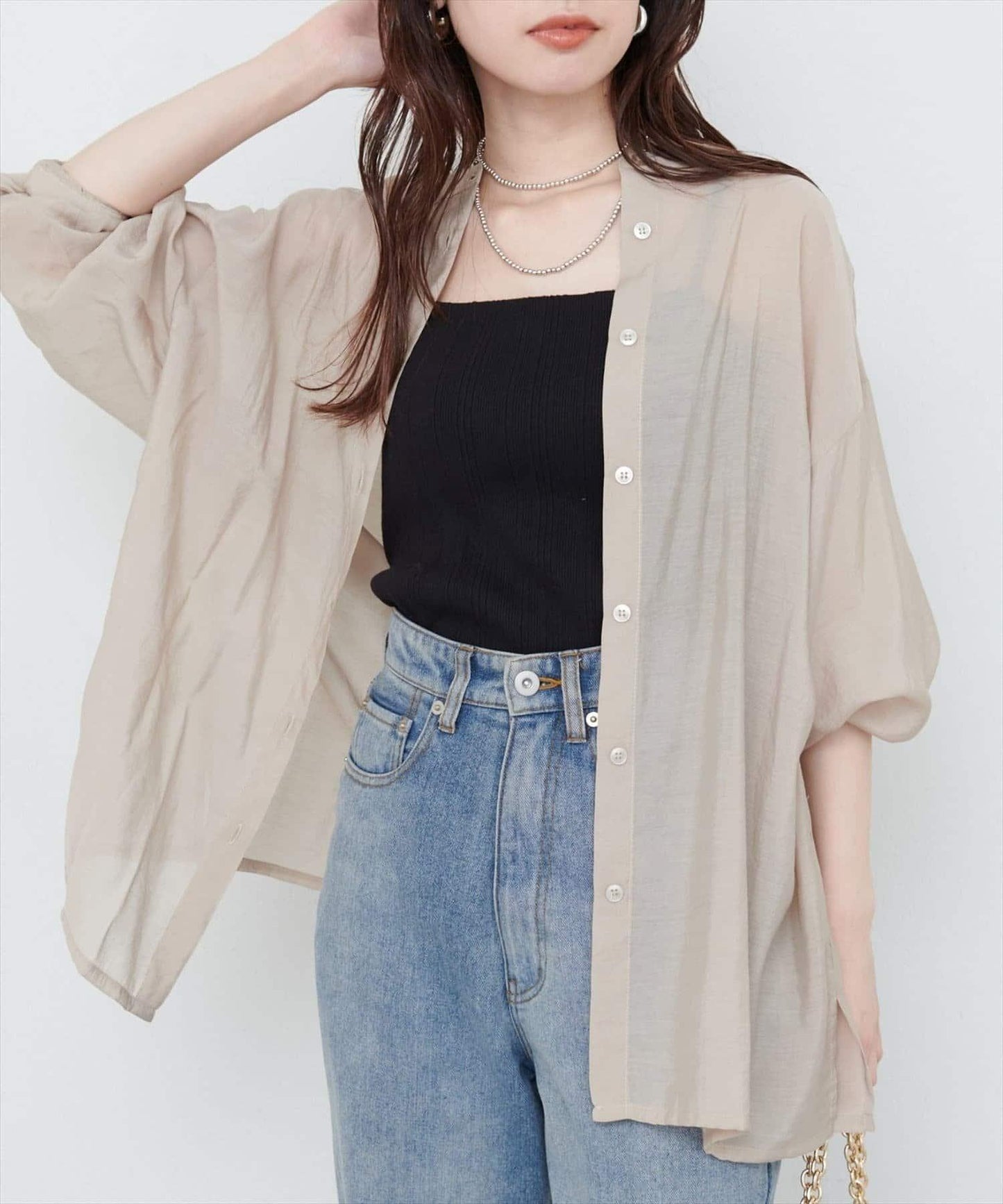 【natural couture】立領側開衩透視襯衫