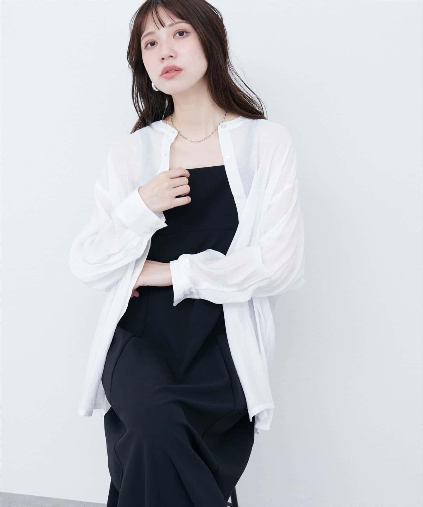 【natural couture】立領側開衩透視襯衫