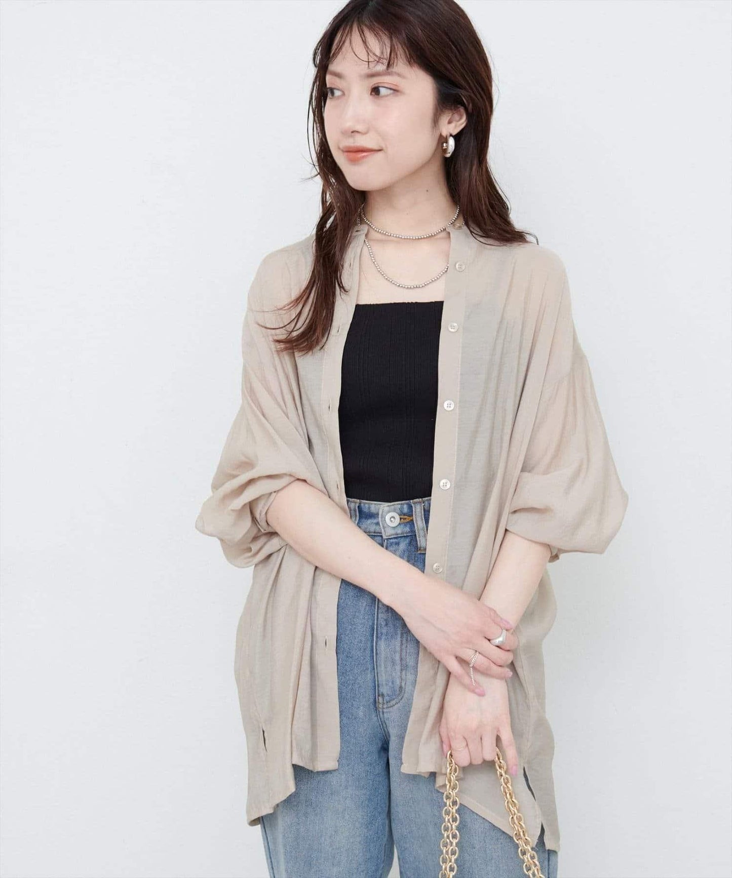 【natural couture】立領側開衩透視襯衫