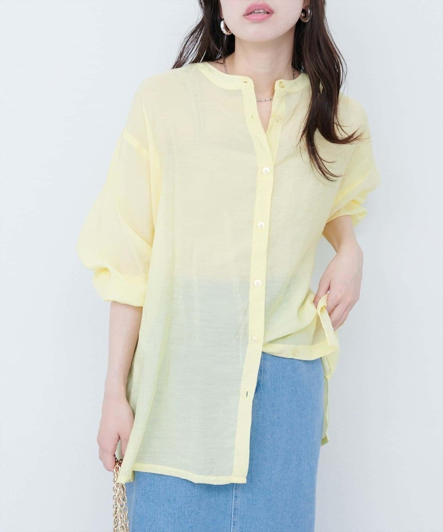 【natural couture】立領側開衩透視襯衫