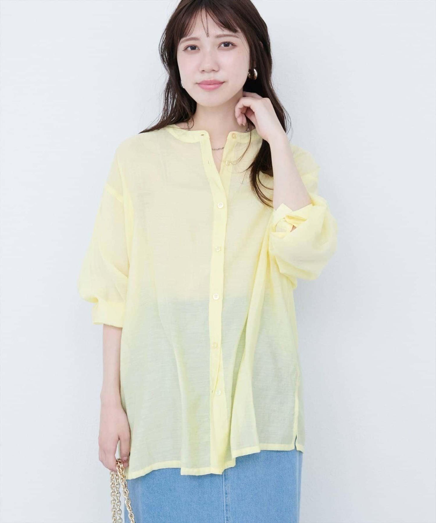 【natural couture】立領側開衩透視襯衫