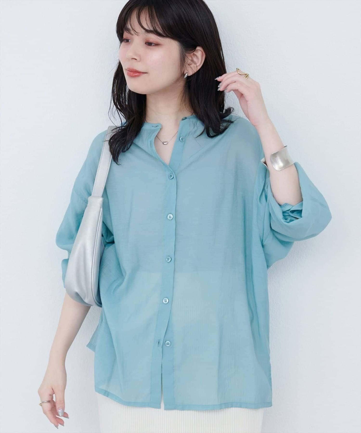 【natural couture】立領側開衩透視襯衫