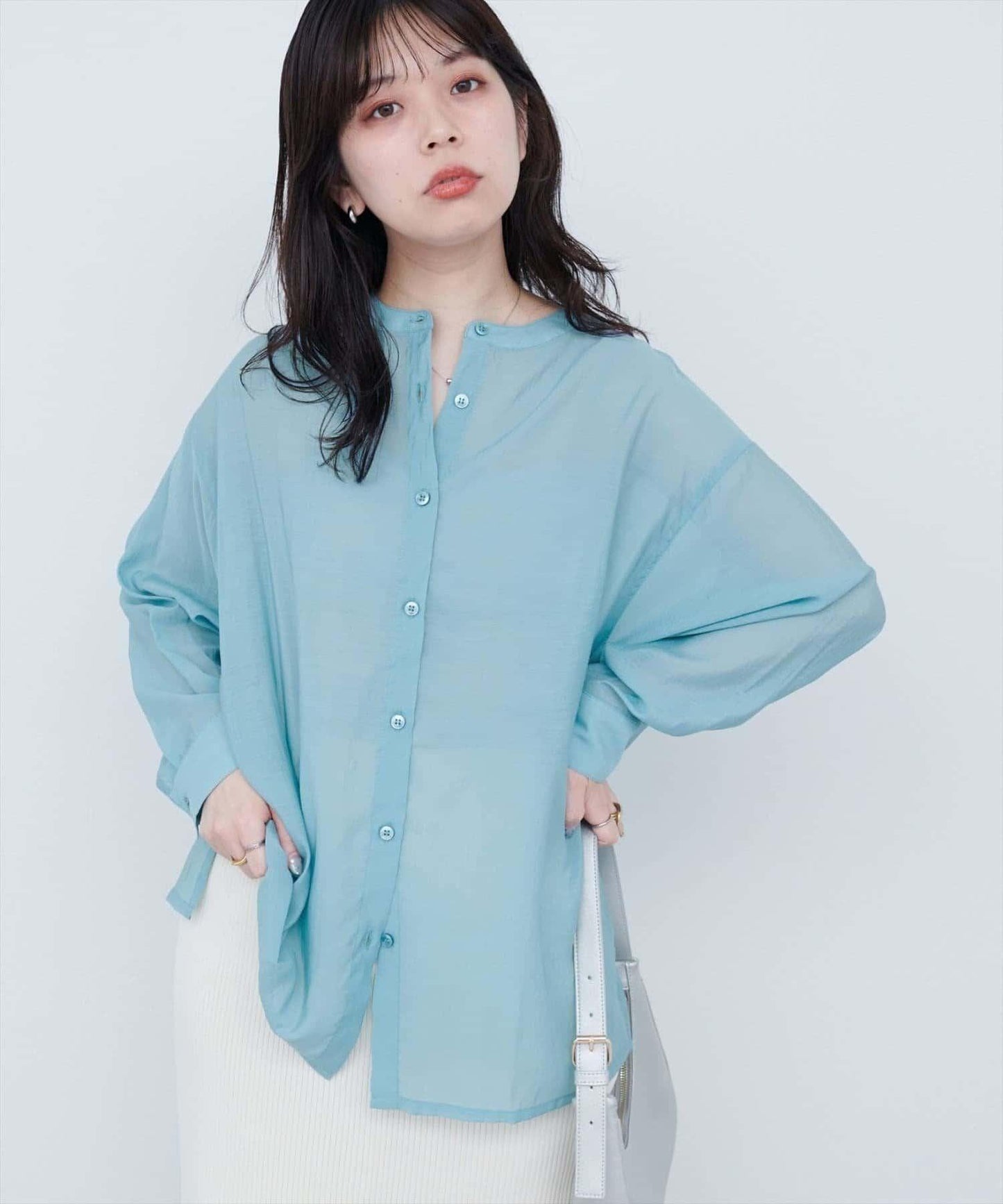 【natural couture】立領側開衩透視襯衫