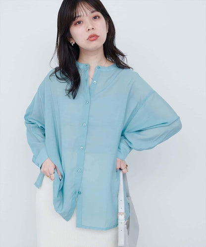 【natural couture】立領側開衩透視襯衫