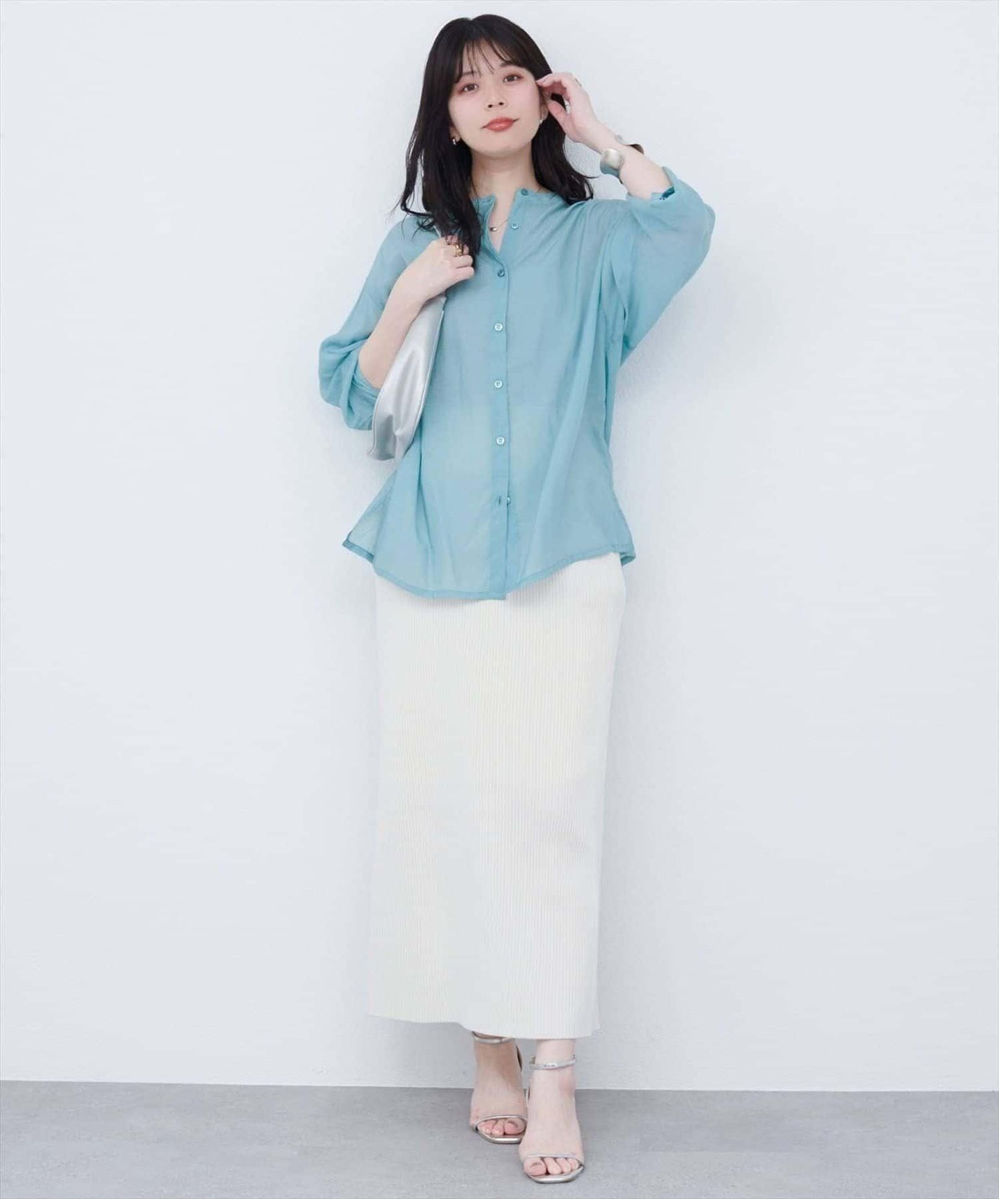 【natural couture】立領側開衩透視襯衫