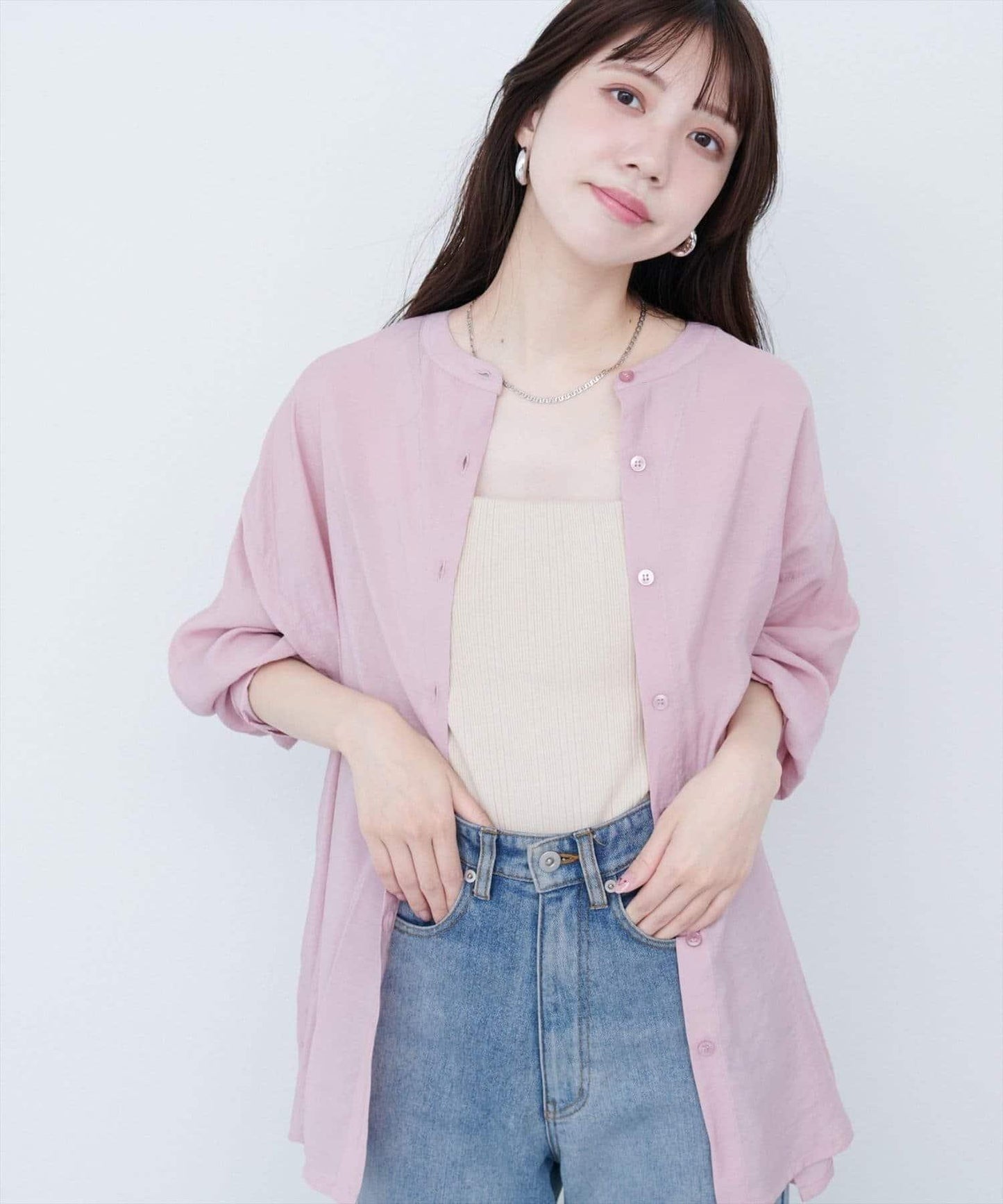 【natural couture】立領側開衩透視襯衫