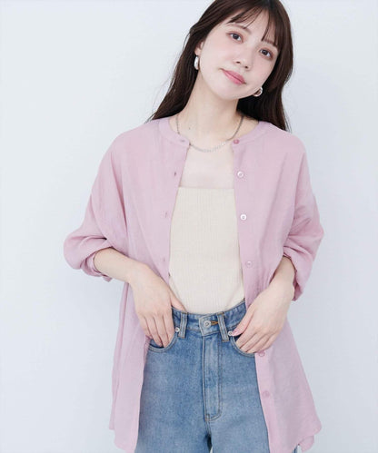 【natural couture】立領側開衩透視襯衫